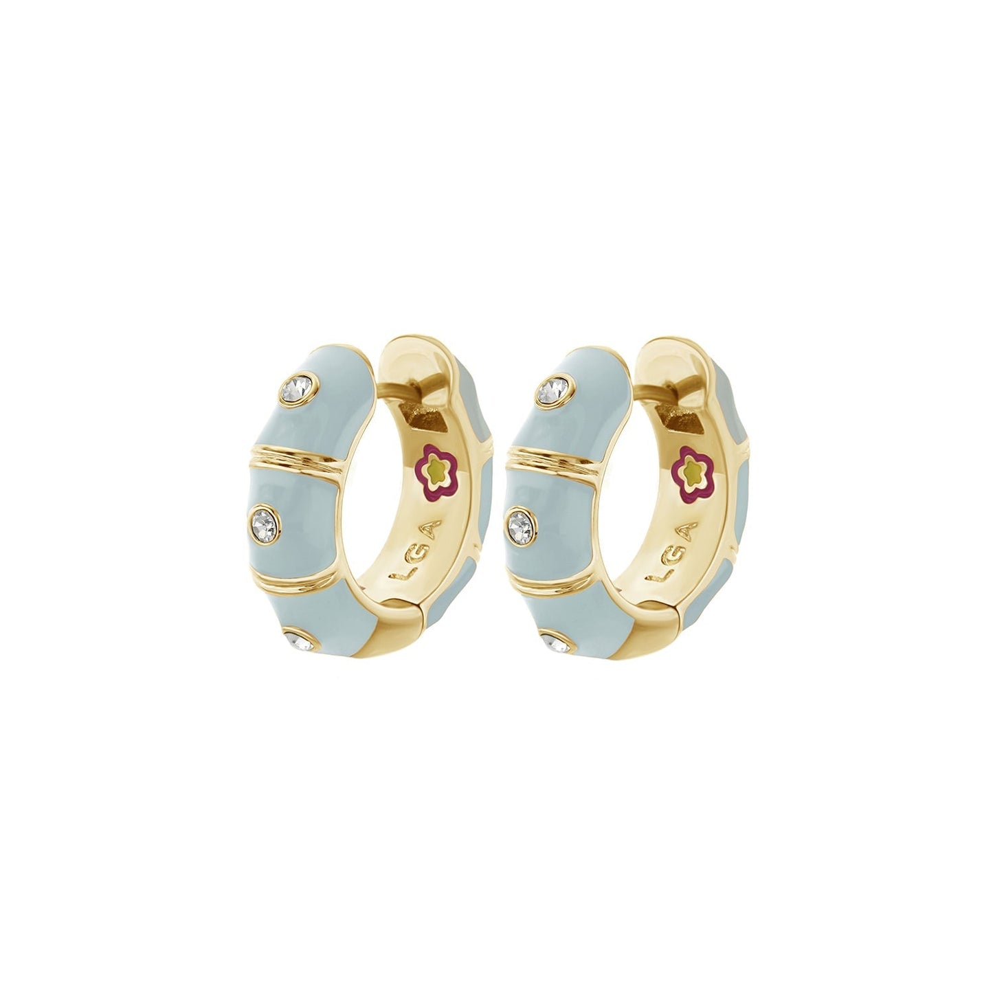 Tiny Dots Earrings pair by Lauren G Adams, light blue enamel on gold hoops with crystal accents on Tampa Home & Garden Store