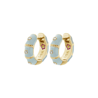 Tiny Dots Earrings pair by Lauren G Adams, light blue enamel on gold hoops with crystal accents on Tampa Home & Garden Store