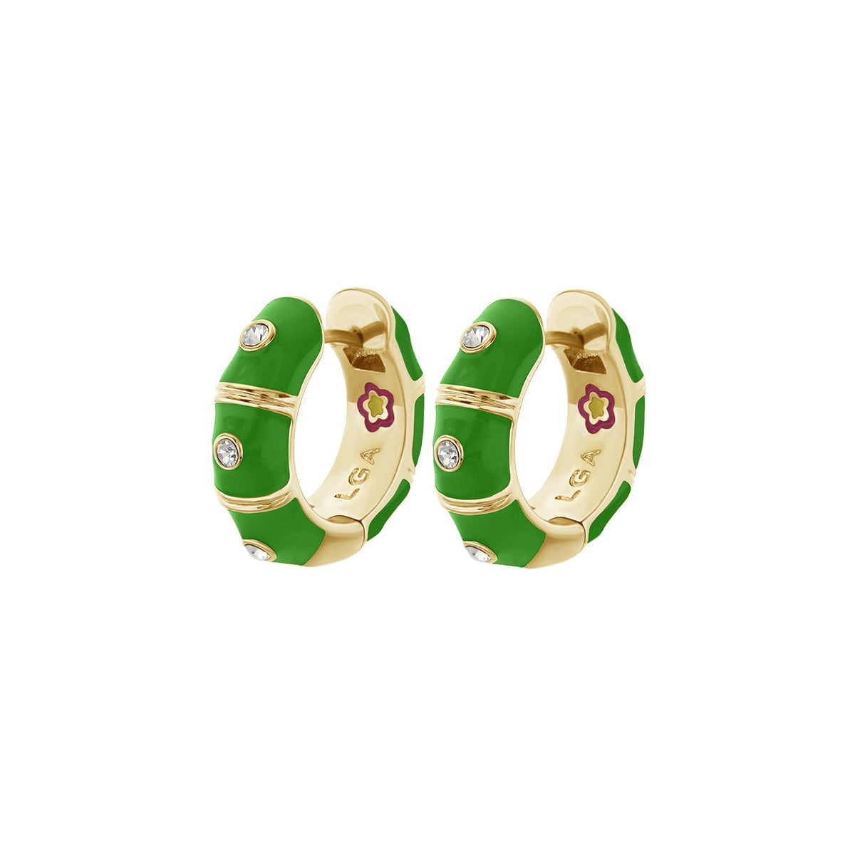 Tiny Dots Earrings by Lauren G Adams; gold-tone hoops with green enamel, pair on Tampa Home & Garden Store