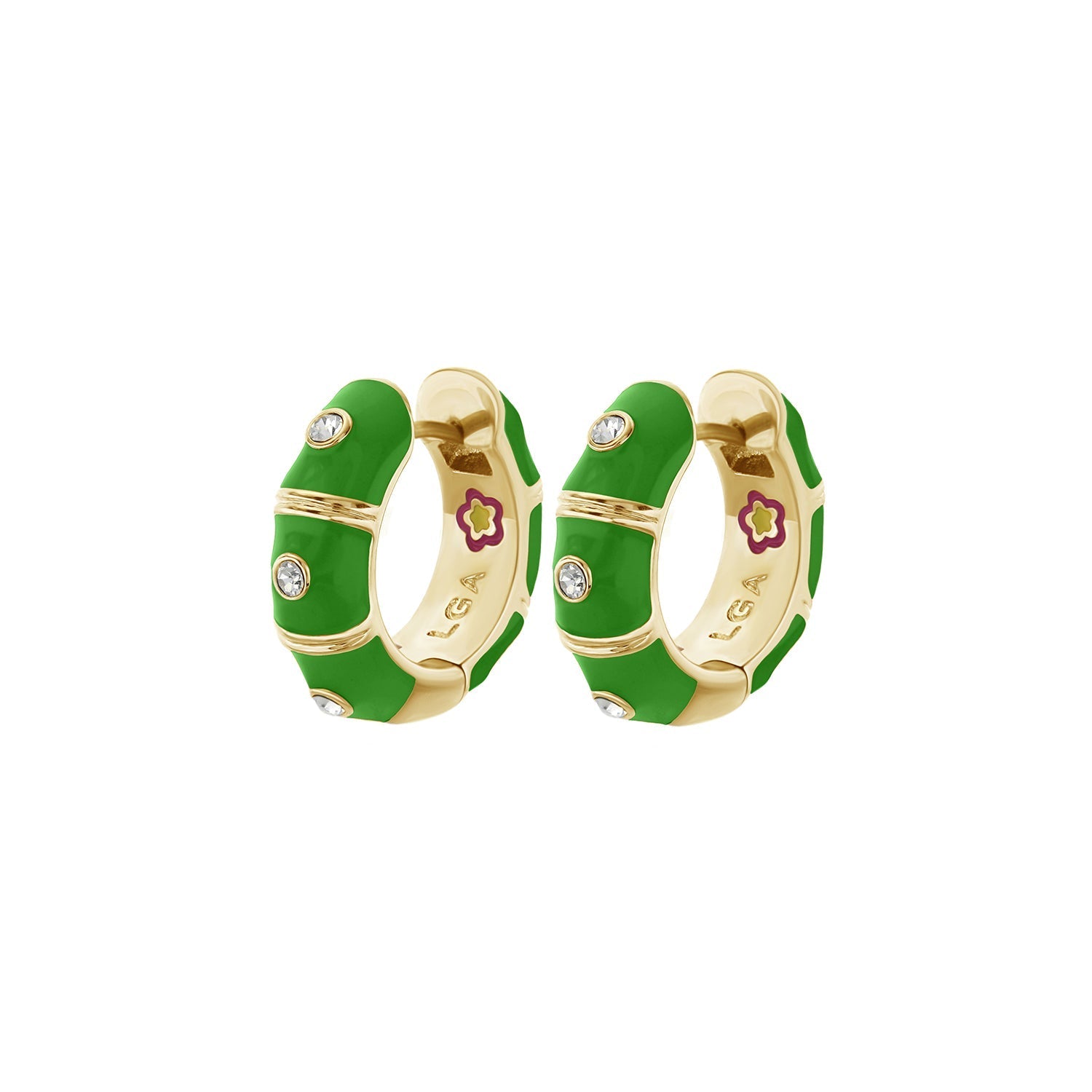 Tiny Dots Earrings by Lauren G Adams; gold-tone hoops with green enamel, pair on Tampa Home & Garden Store
