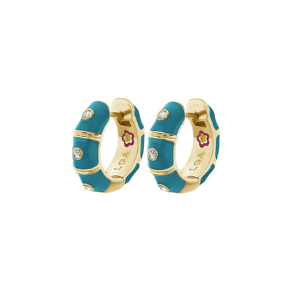 Tiny Dots Earrings turquoise enamel gold-tone hoops with crystal accents and floral motif on Tampa Home & Garden Store