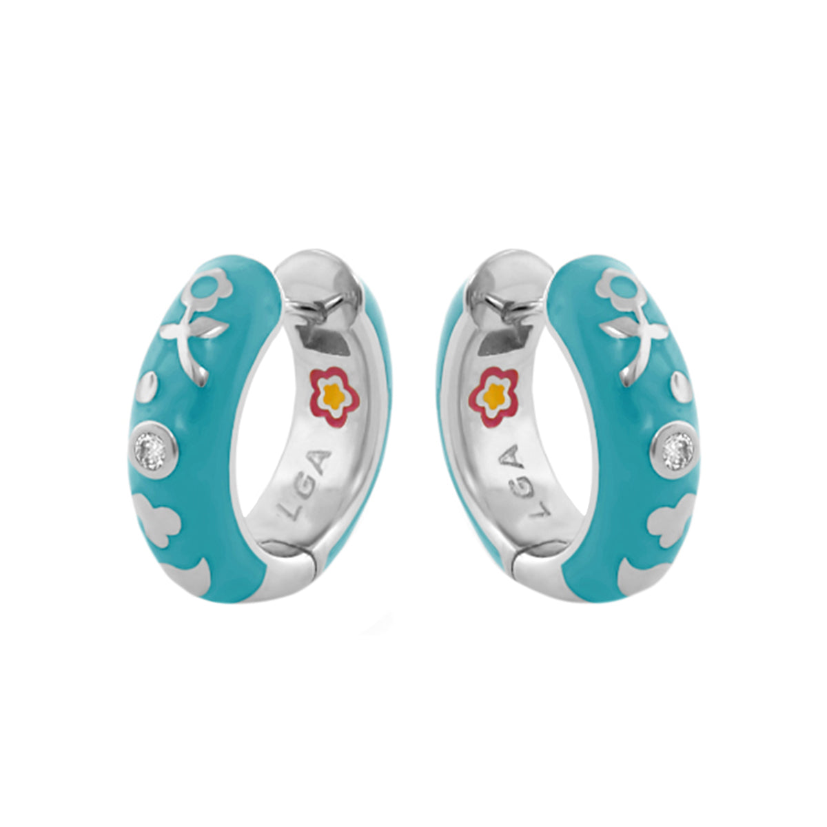 Stackable Desire Earrings turquoise enamel hoops with white floral accents by Lauren G Adams on Tampa Home & Garden Store