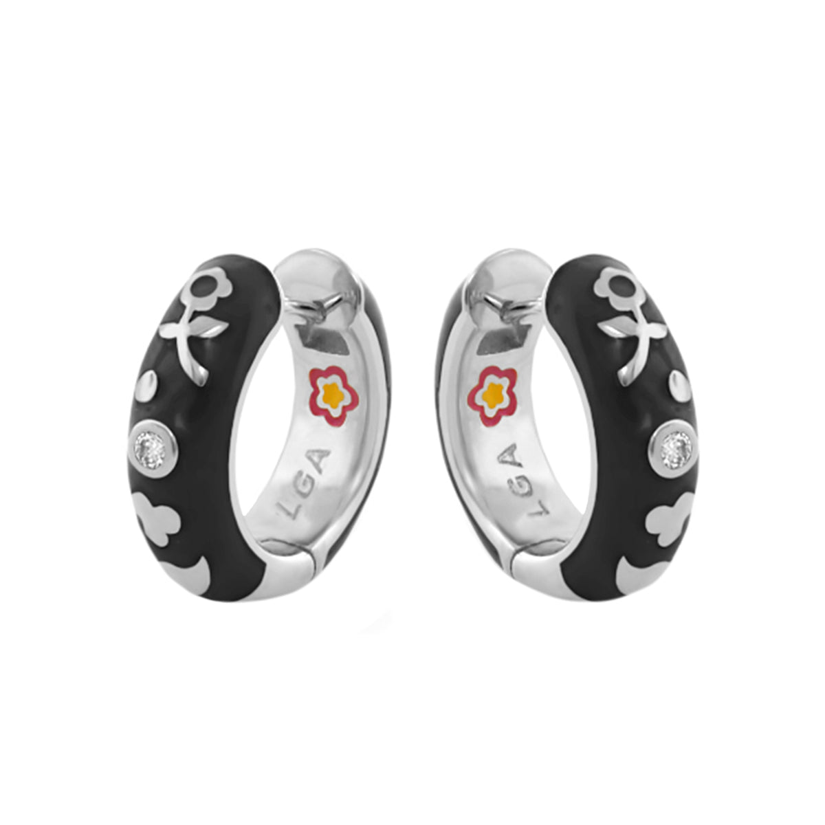 Stackable Desire Earrings black enamel hoops with white motifs and a crystal, LGA interior on Tampa Home & Garden Store