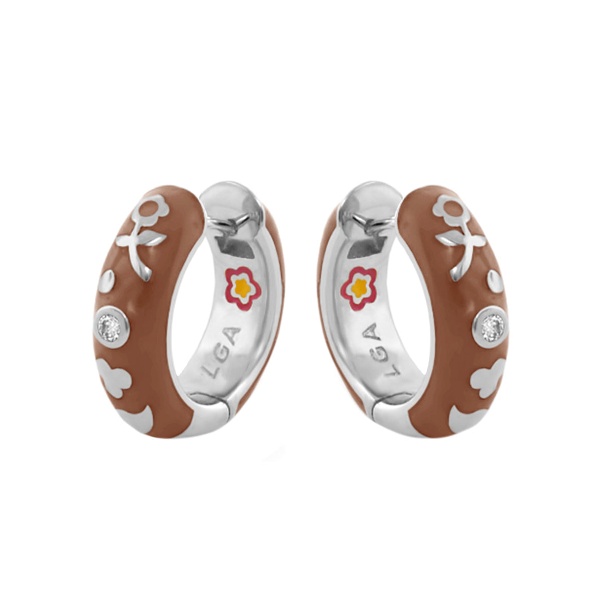 Stackable Desire Earrings by Lauren G Adams; brown enamel hoops with white florals and a crystal on Tampa Home & Garden Store