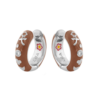 Stackable Desire Earrings by Lauren G Adams; brown enamel hoops with white florals and a crystal on Tampa Home & Garden Store