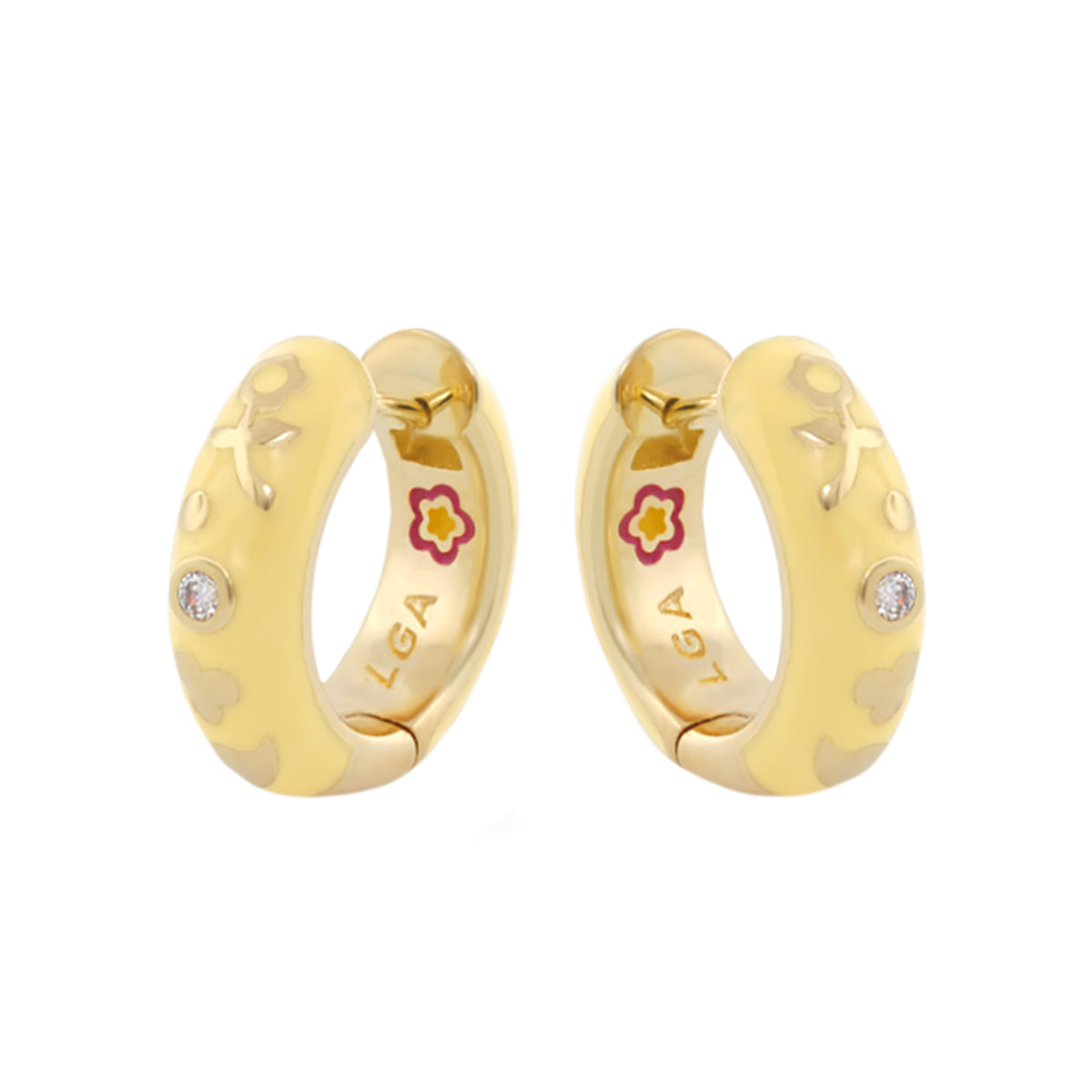 Stackable Desire Earrings by Lauren G Adams, yellow gold hoop pair with enamel florals on Tampa Home & Garden Store