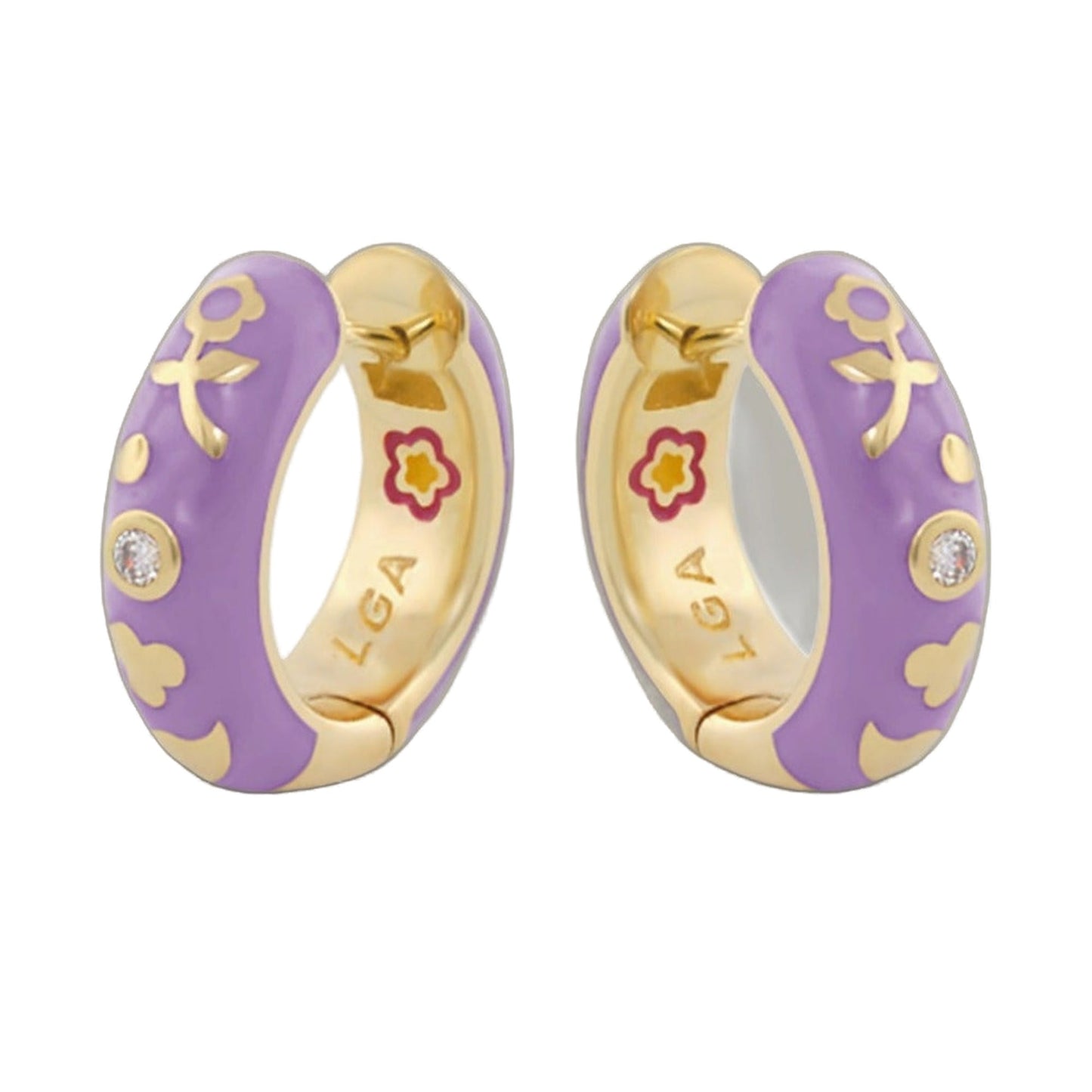 Stackable Desire Earrings purple enamel hoops with gold-tone trim floral decor and crystal on Tampa Home & Garden Store