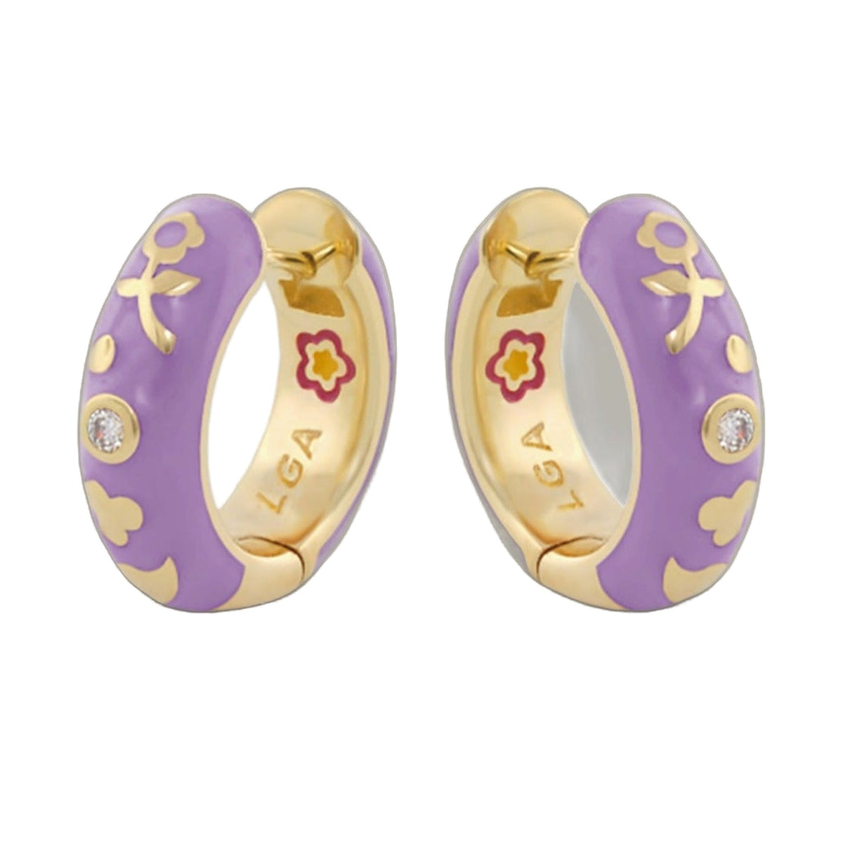 Stackable Desire Earrings purple enamel hoops with gold-tone trim floral decor and crystal on Tampa Home & Garden Store