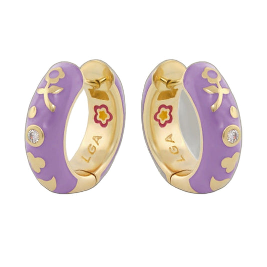 Stackable Desire Earrings purple enamel hoops with gold-tone trim floral decor and crystal on Tampa Home & Garden Store