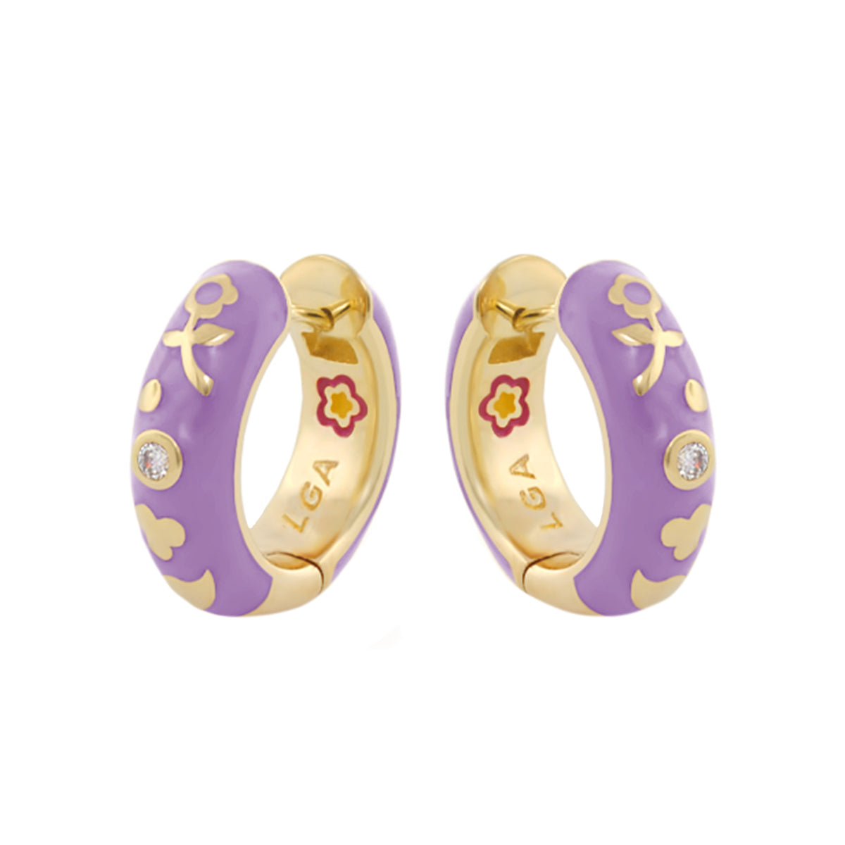 Stackable Desire Earrings purple enamel hoops with gold floral motifs by Lauren G Adams on Tampa Home & Garden Store