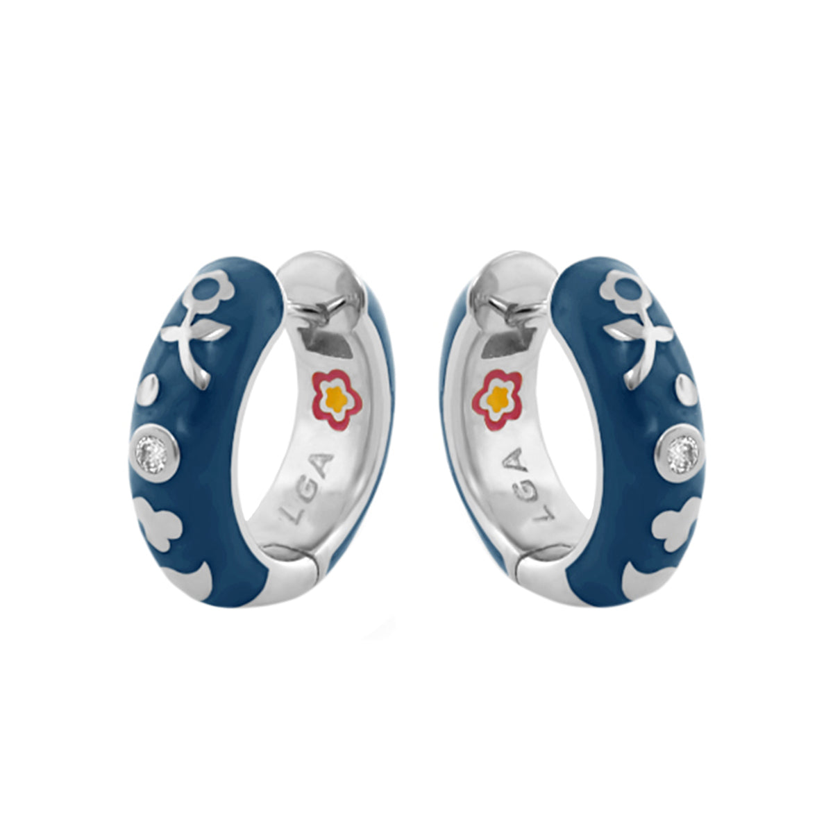 Stackable Desire Earrings pair of blue enamel hoops with white floral motifs by Lauren G Adams on Tampa Home & Garden Store