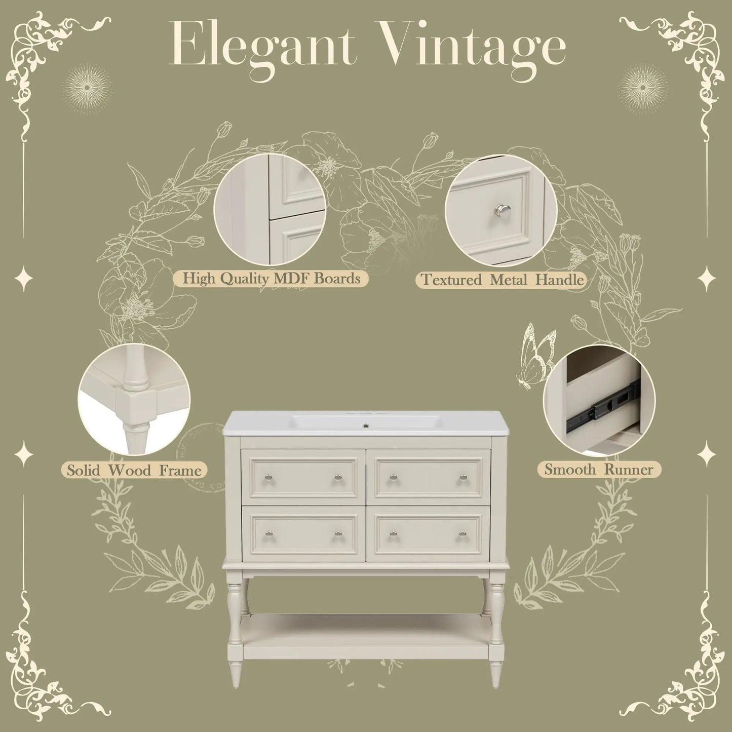 Bathroom vanity with undermount sink, 4-drawer set in antique white by Unique Piece Furniture on Tampa Home & Garden Store