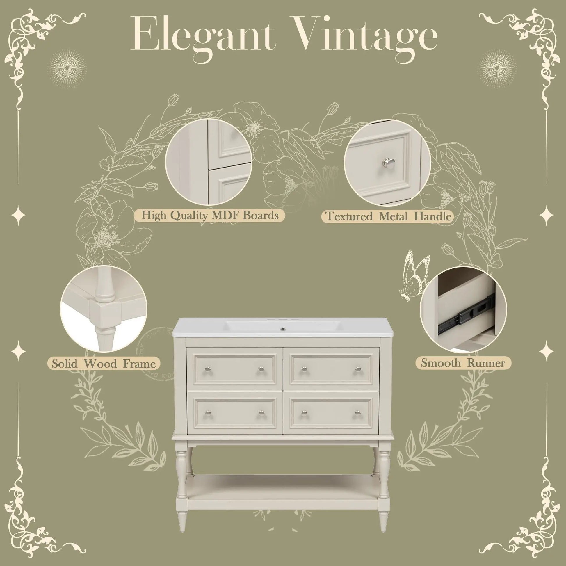 Bathroom vanity with undermount sink, 4-drawer set in antique white by Unique Piece Furniture on Tampa Home & Garden Store