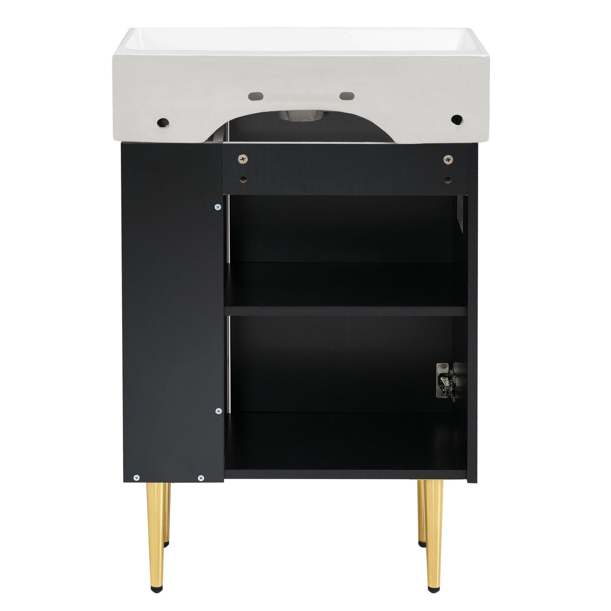 Bathroom vanity with single ceramic sink and side storage, black cabinet, white sink, gold legs on Tampa Home & Garden Store