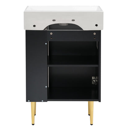 Bathroom vanity with single ceramic sink and side storage, black cabinet, white sink, gold legs on Tampa Home & Garden Store