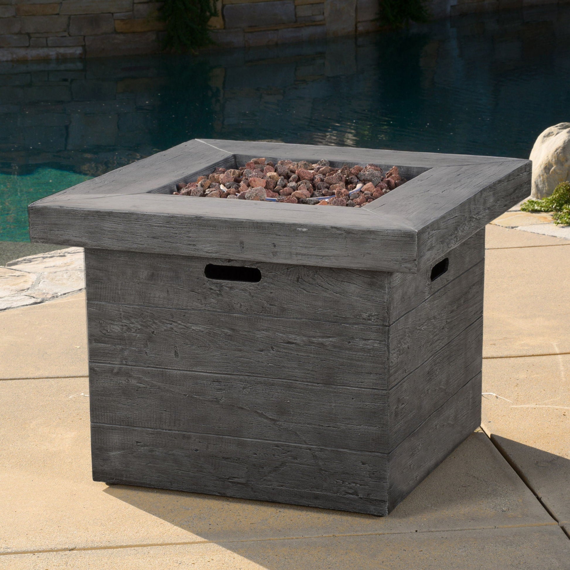 Anchorage Wood Square Fire Pit 40,000 BTU gray with lava rocks by HouseOfZazla on Tampa Home & Garden Store