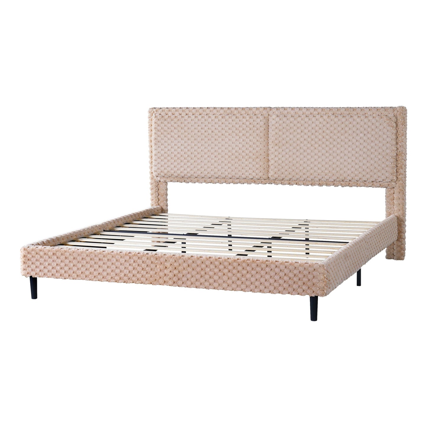 Beige boucle upholstered backrest bench with black legs on Tampa Home & Garden Store