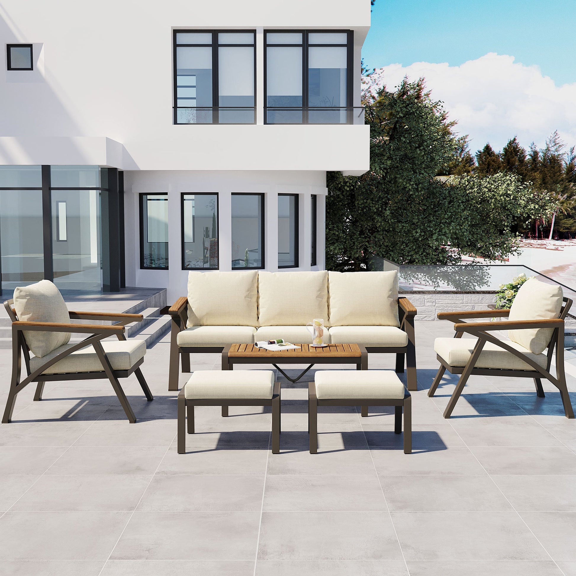 6-Piece Outdoor Patio Furniture Set with Steel Frame Sofa Acacia Table beige cushions on Tampa Home & Garden Store