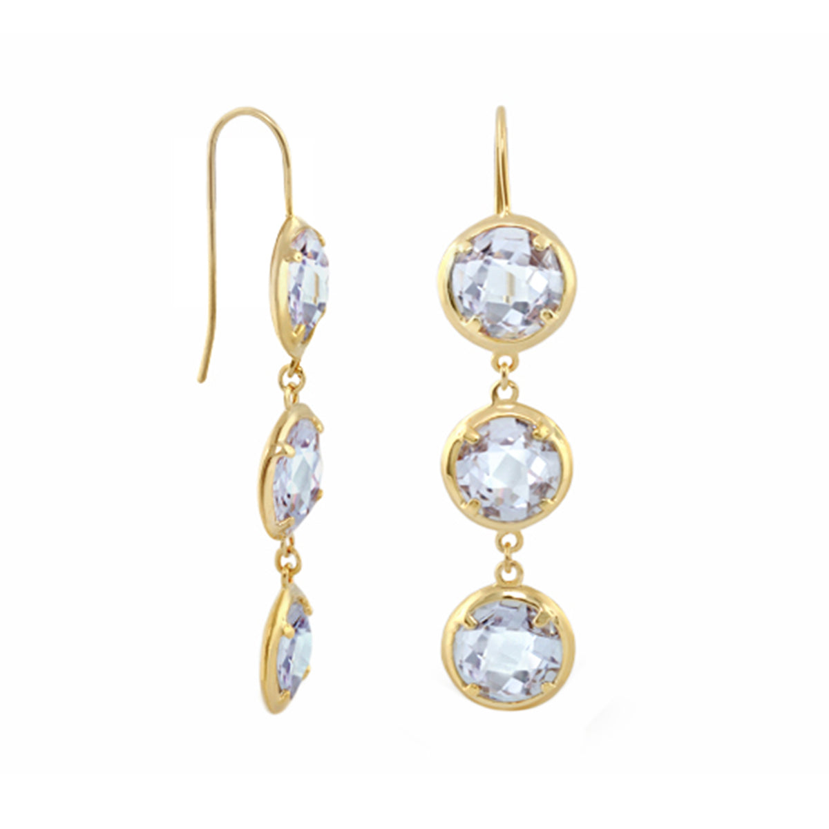 Glamour by the Yard Earrings, goldtone drop earrings with three lavender crystals in bezels on Tampa Home & Garden Store