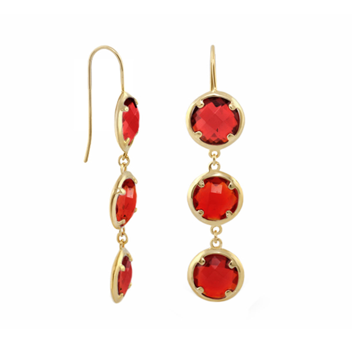 Glamour by the Yard Earrings, gold-tone drop with red faceted stones, triple-stone dangles on Tampa Home & Garden Store