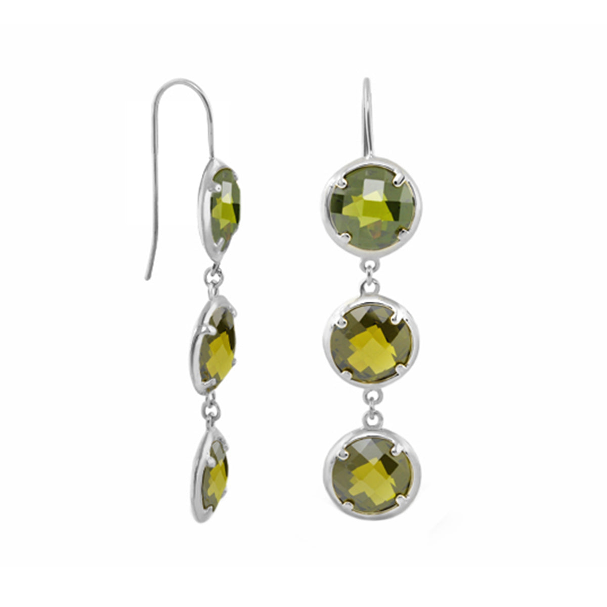 Glamour by the Yard earrings, olive-green faceted stones in silver settings, drop pair on Tampa Home & Garden Store
