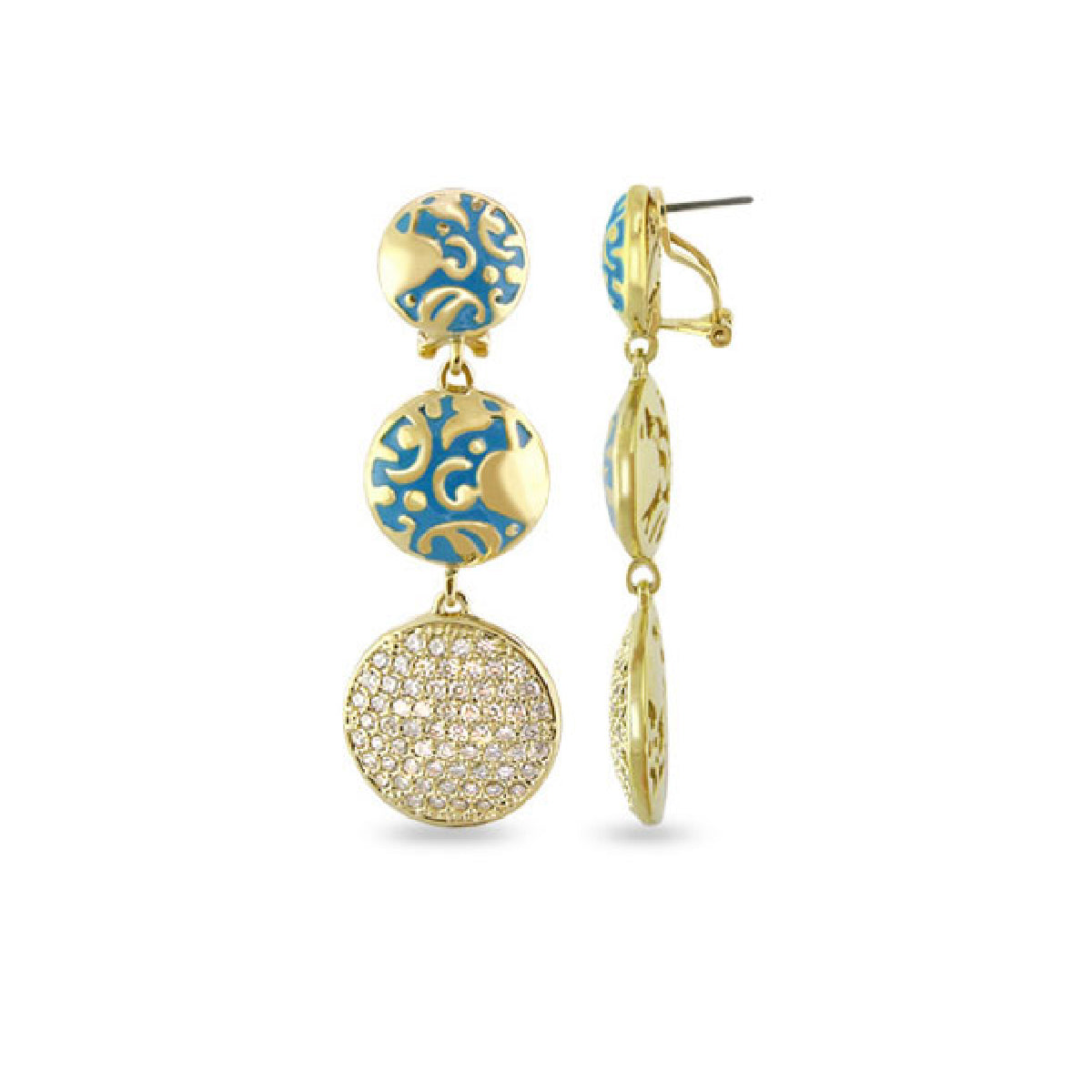 Hidden Hearts Earrings pair by Lauren G Adams, vintage gold-tone drops with blue enamel on Tampa Home & Garden Store