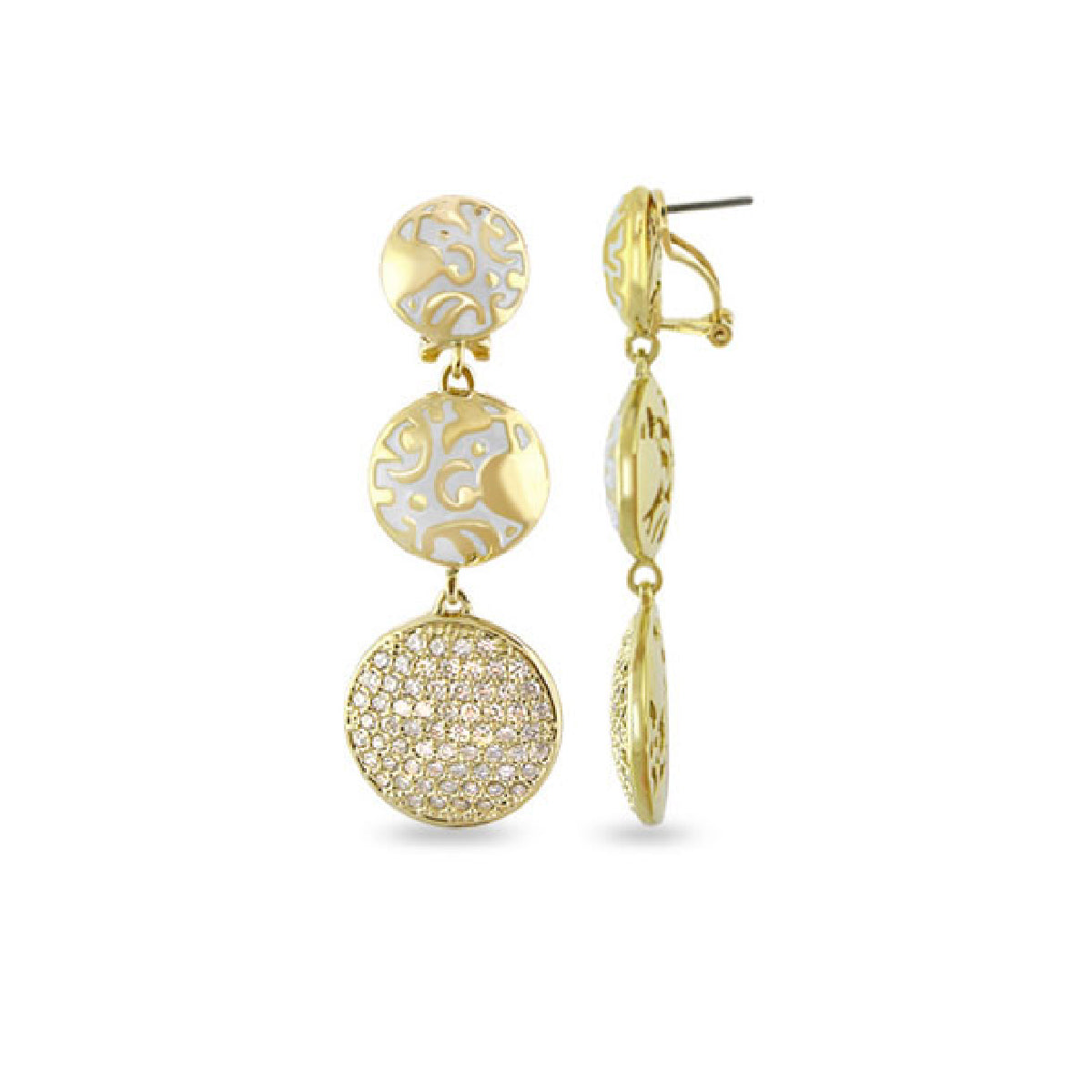 Hidden Hearts Vintage earrings by Lauren G Adams, gold-tone filigree discs pavé crystals on Tampa Home & Garden Store