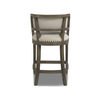 HouseOfZazla Farmhouse counter height bar stool with backrest and beige upholstery on Tampa Home & Garden Store