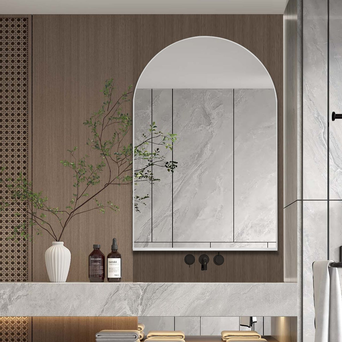 Arched recessed medicine cabinet by HouseOfZazla with white frame, mirrored door, adjustable shelves on Tampa Home & Garden Store