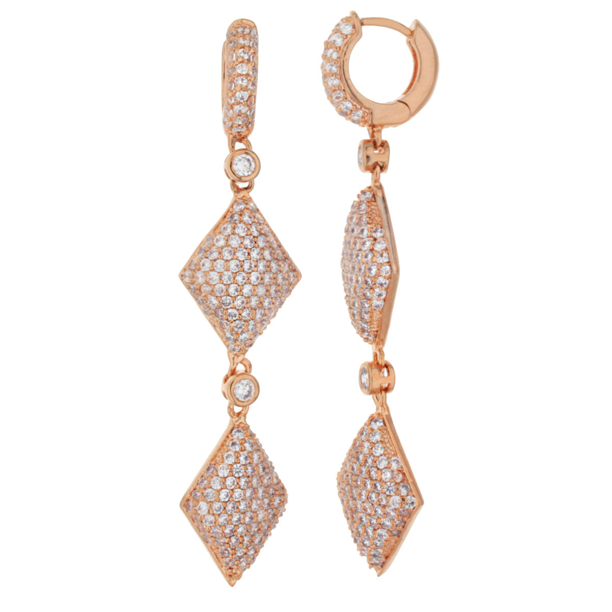 Glamour Pave Rhombus Earrings, rose gold-tone pavé diamonds in diamond-shaped drops, pair on Tampa Home & Garden Store