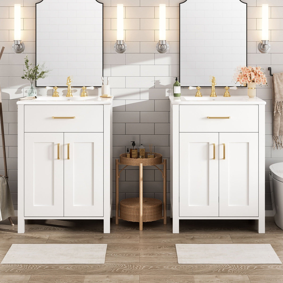 Two white modern vanities with soft-close cabinets and gold hardware, mirrors and wall sconces on Tampa Home & Garden Store