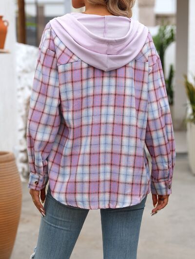 Plaid buttoned hooded jacket for women in pastel purple-blue plaid, cotton-blend outerwear back view on Tampa Home & Garden Store