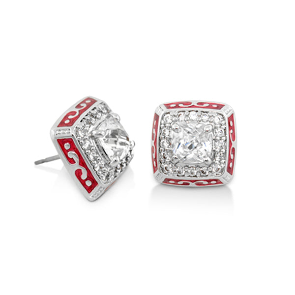 Enamel Button Earrings by Lauren G Adams, square red-enamel-sided crystal centers, pair on Tampa Home & Garden Store