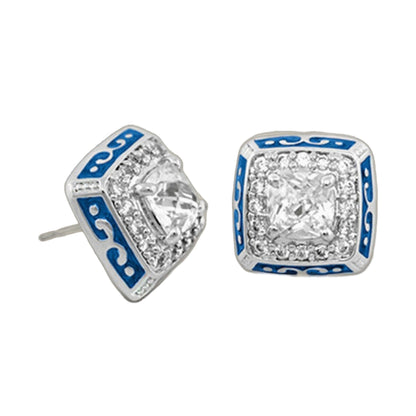 Enamel button earrings pair by Lauren G Adams, blue enamel edges with clear stones on Tampa Home & Garden Store