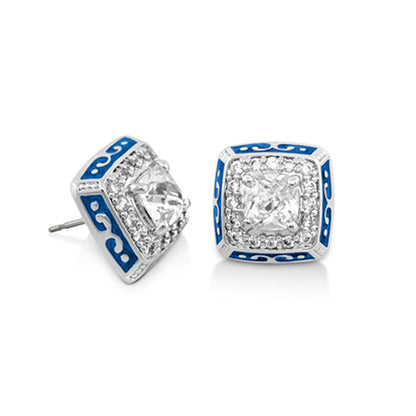 Enamel Engagement Earrings by Lauren G Adams, blue enamel edges with clear center stones on Tampa Home & Garden Store