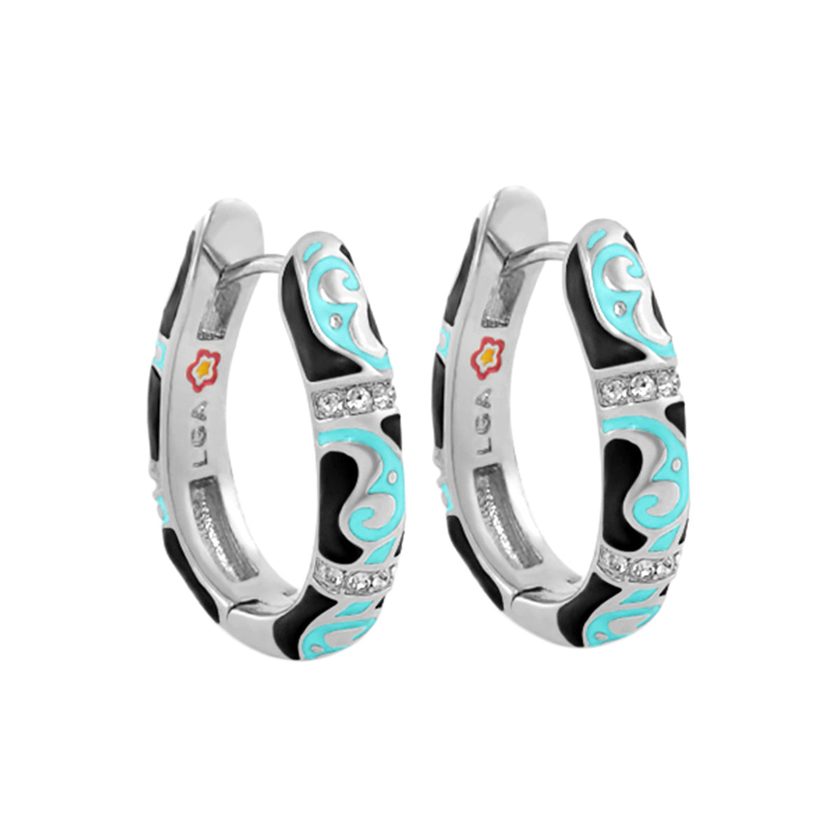 Stackable Desire Earrings by Lauren G Adams, turquoise swirls on silver hoops, crystals on Tampa Home & Garden Store