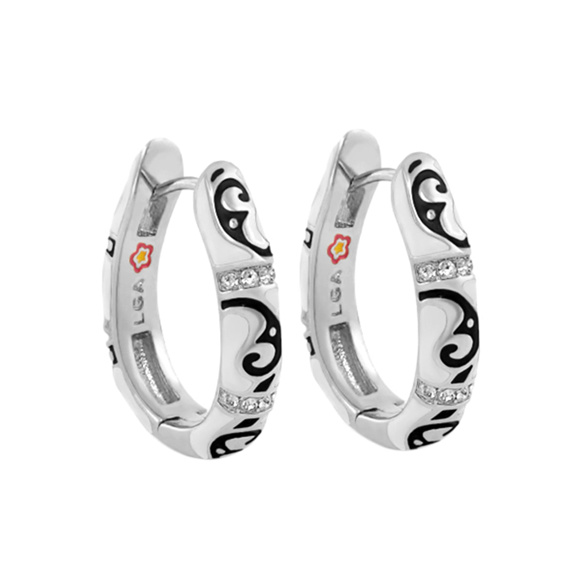 Stackable Desire Earrings by Lauren G Adams: silver-tone hoops with black swirl enamel and crystal accents on Tampa Home & Garden Store