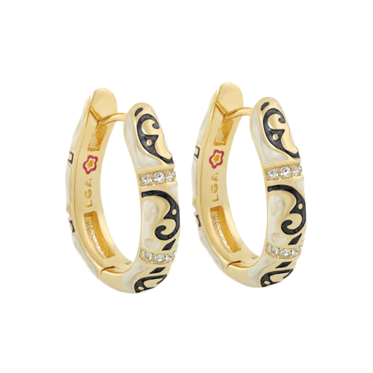 Stackable Desire Earrings gold-tone hoops with black enamel scrolls and crystal accents pair on Tampa Home & Garden Store