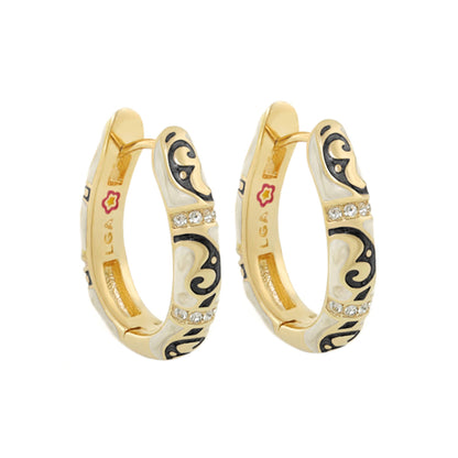Stackable Desire Earrings gold-tone hoops with black enamel scrolls and crystal accents pair on Tampa Home & Garden Store