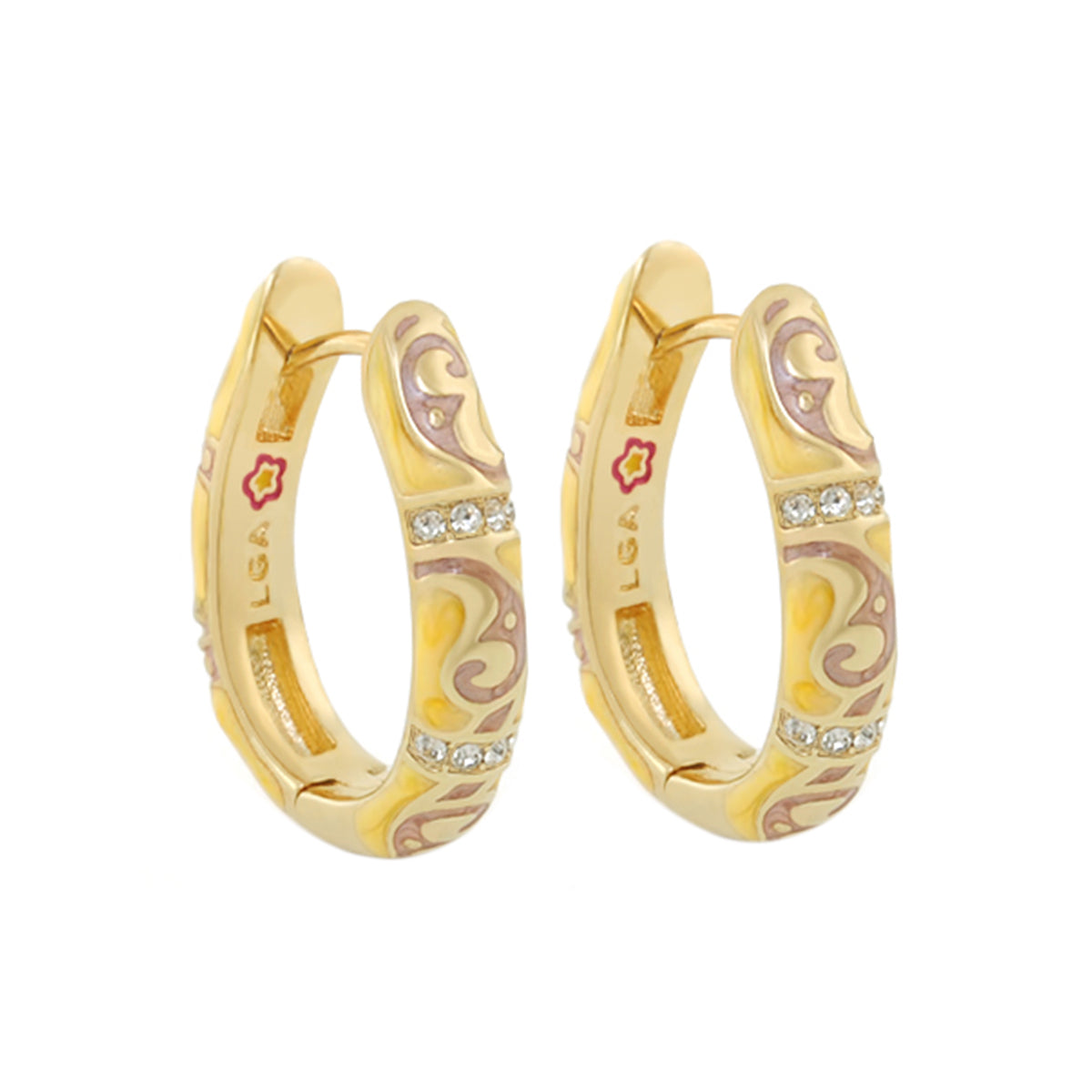 Lauren G Adams Stackable Desire Earrings, gold-tone hoops with pink enamel and diamonds on Tampa Home & Garden Store