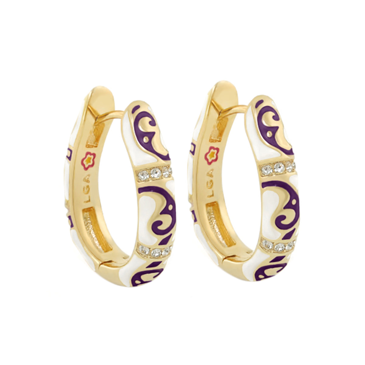 Stackable Desire Earrings gold-tone hoops with white enamel and purple swirl accents crystal on Tampa Home & Garden Store