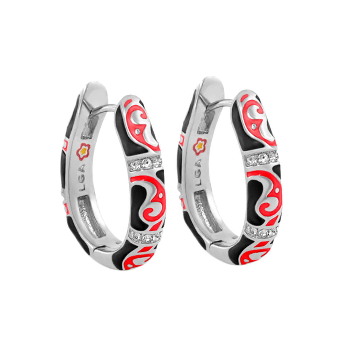 Stackable Desire Earrings silver-tone hoops with red enamel swirls and black inlay on Tampa Home & Garden Store