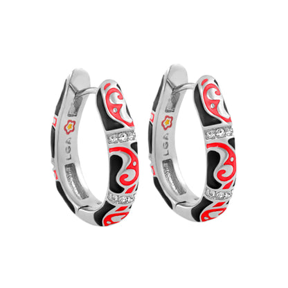 Stackable Desire Earrings silver-tone hoops with red enamel swirls and black inlay on Tampa Home & Garden Store