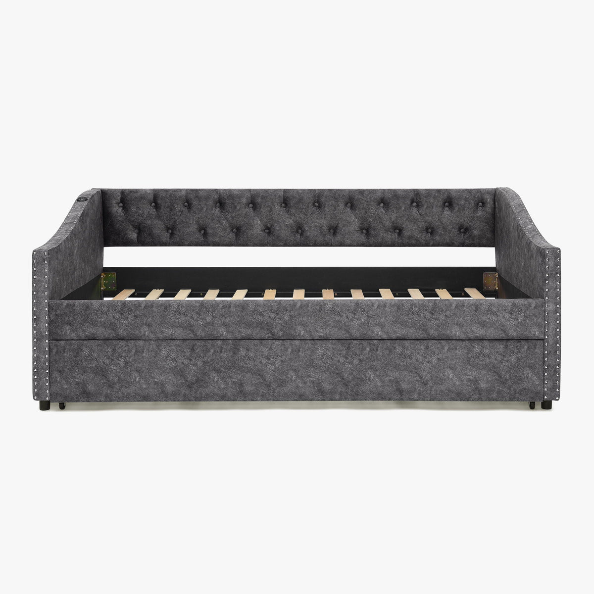 Upholstered gray daybed with tufted back and nailhead trim, pull-out trundle frame on Tampa Home & Garden Store
