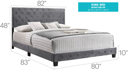 Luxurious upholstered bed with tufted gray headboard and nailhead trim, king 82W x 83D x 48H on Tampa Home & Garden Store
