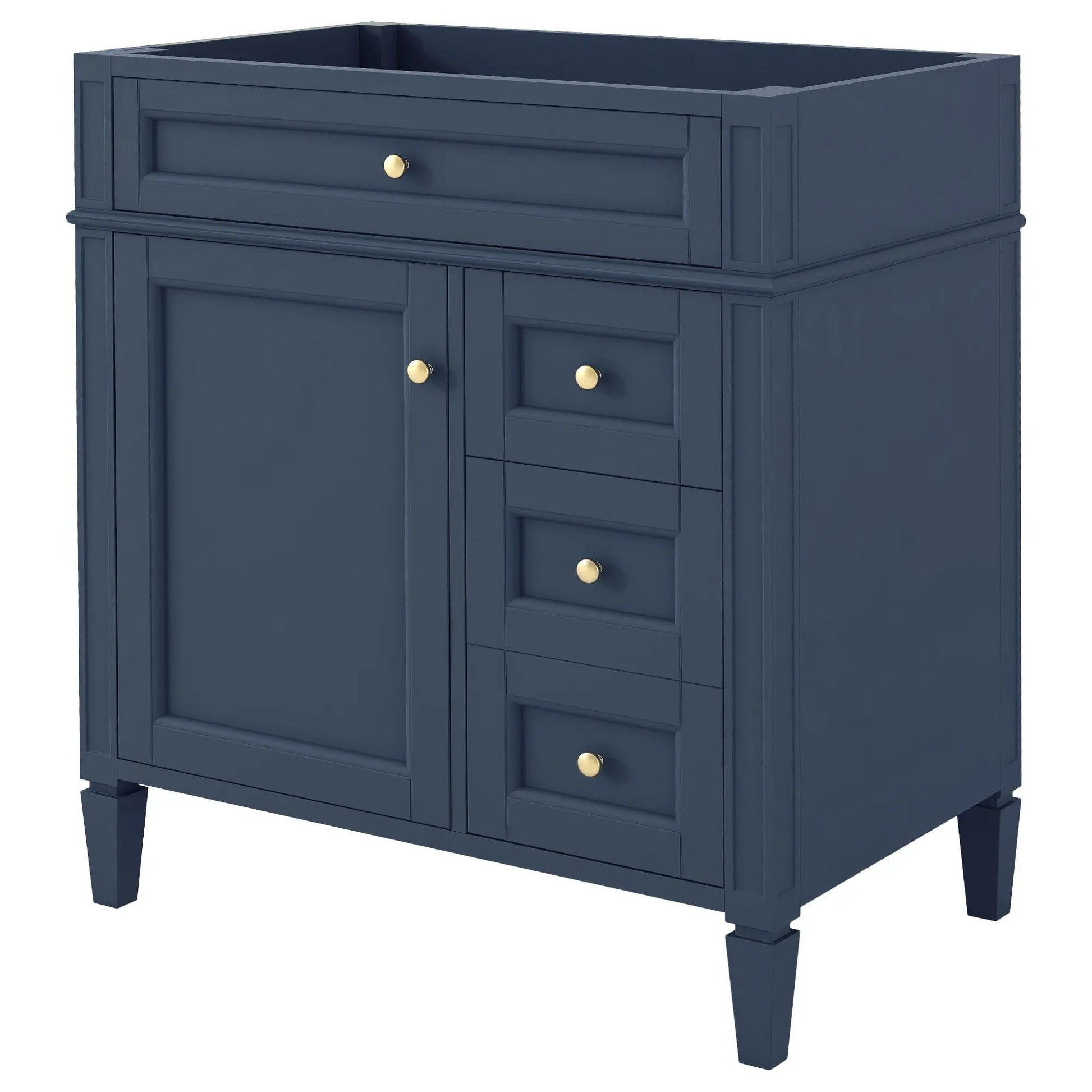 Bathroom vanity navy blue with 2 drawers, gold knobs, storage cabinet on Tampa Home & Garden Store