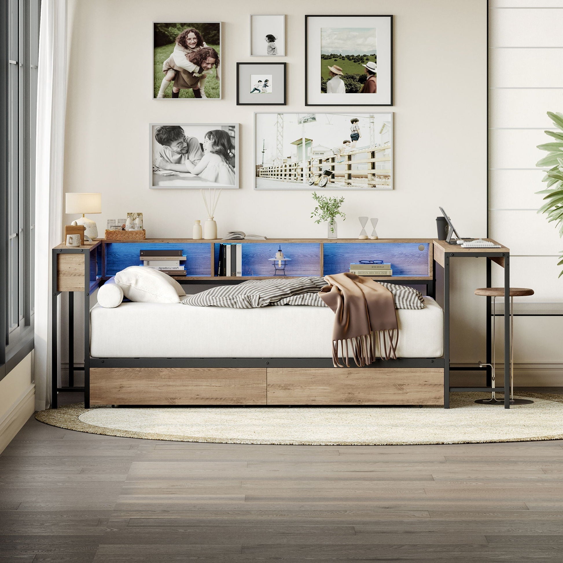 Twin storage bed with gray metal frame, two underbed drawers and blue cubbies on Tampa Home & Garden Store