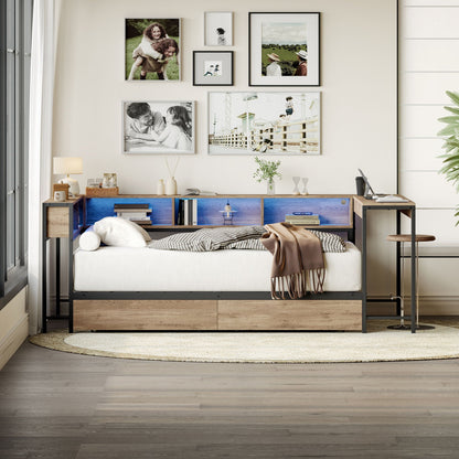 Twin storage bed with gray metal frame, two underbed drawers and blue cubbies on Tampa Home & Garden Store