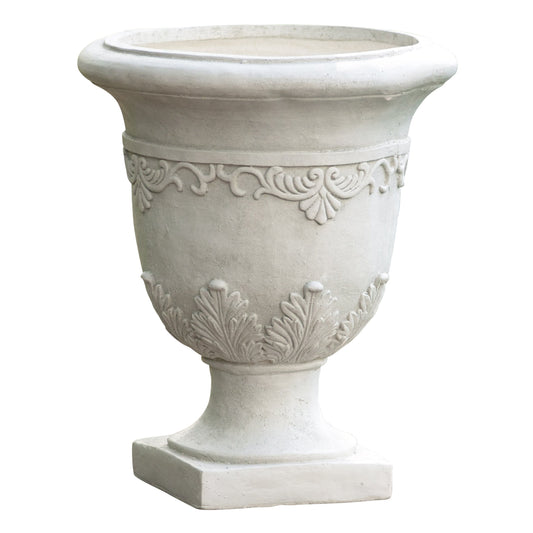 Moroccan Urn Planter by HouseOfZazla in weathered stone with ornate floral relief on Tampa Home & Garden Store