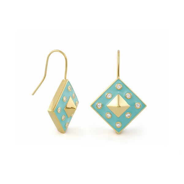 Stud Me Earring Drop earrings by Lauren G Adams, teal enamel with gold frame and crystals on Tampa Home & Garden Store